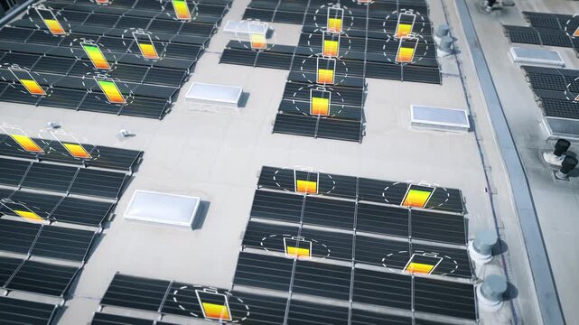 Multiple animated battery icons hover over an industrial rooftop solar array in a cinematic aerial scene, visualizing distributed storage for energy marketing.