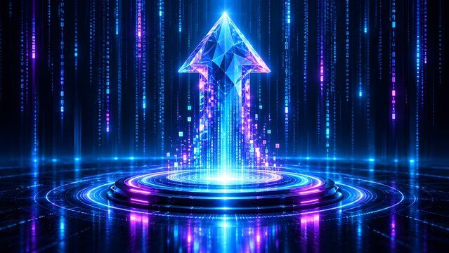 Abstract digital arrow rising from a glowing platform with binary code background, representing technology growth and progress