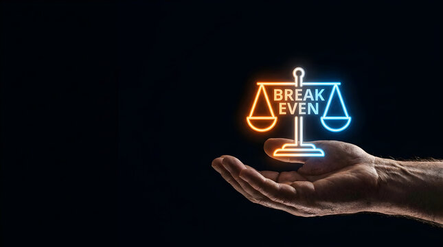 A hand holding a digital neon balance scale with the text break even