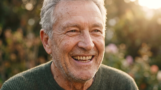 A heartwarming outdoor portrait of a cheerful senior man, his face beaming with a genuine smile, beautifully lit by golden sunlight, reflecting pure joy and contentment