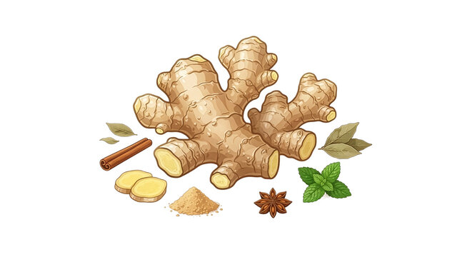 Vector style graphic of fresh ginger, cinnamon stick, star anise, mint leaves, and powder