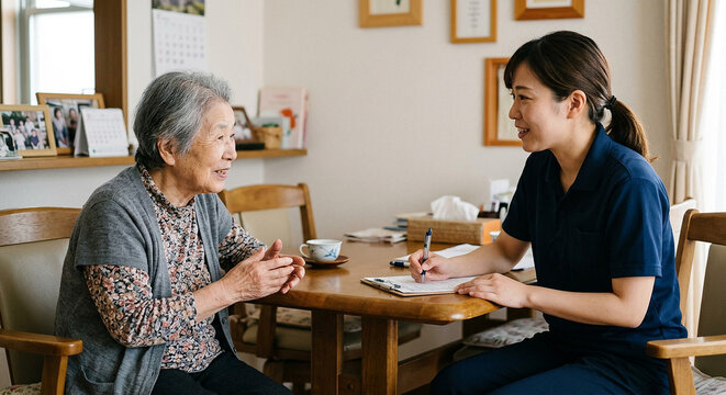 訪問リハビリで生活目標の聞き取りをするスタッフと笑顔で話す高齢女性