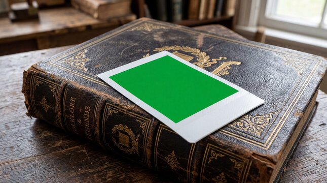Creative Mockup Green Screen Instant Photo On Vintage Folklore Book