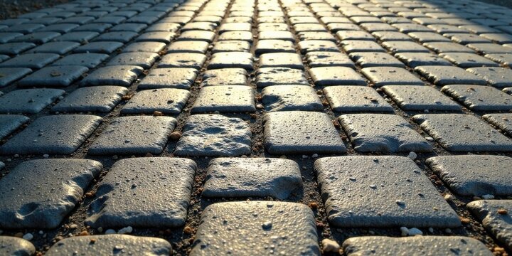 A sunlit perspective of a textured stone path, showcasing the intricate detail of each individual paving stone, creating a visually appealing pattern.
