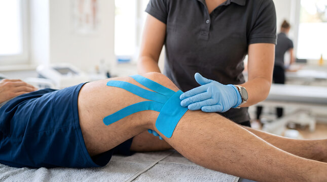 Physical therapist applying blue kinesiology tape to a patient's knee on a treatment table