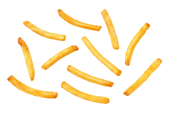 Scattered golden French fries isolated on a white background, crispy potato sticks arranged individually in a top view with clean copy space for food and snack concepts.