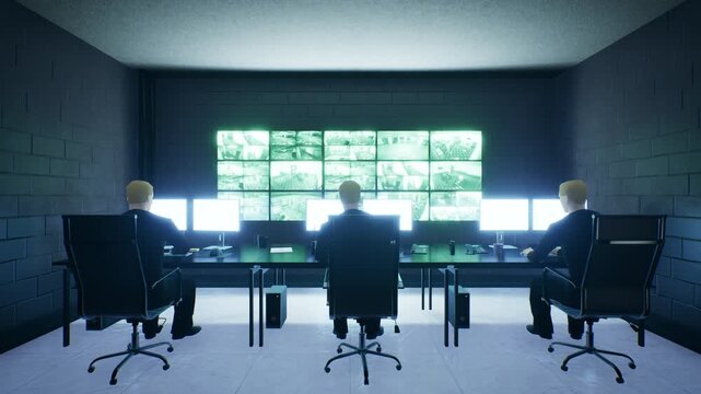 Low poly security control room with operators watching surveillance wall