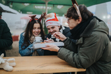 Naklejka premium Three friends share holiday treats and hot drinks at an outdoor Christmas market. They smile and try pastries while wearing a Santa hat and reindeer antlers.