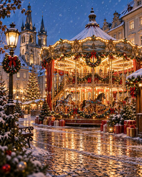 Vintage Christmas carousel in a snowy European square