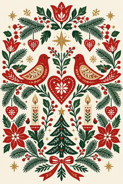 Symmetrical folk Christmas floral and bird ornament