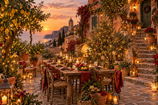 Sunset Christmas dinner in a Mediterranean coastal village