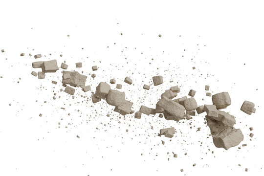 exploding stone cubes and concrete blocks shattering into debris