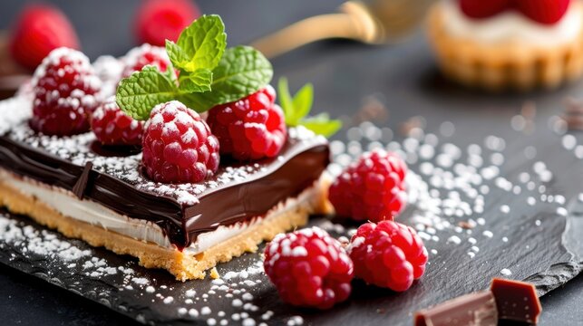 Delicious chocolate dessert topped with fresh raspberries and mint on a rustic slate plate