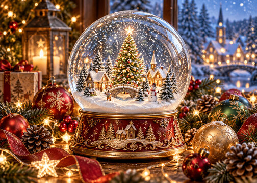 Glowing Christmas village snow globe with festive ornaments
