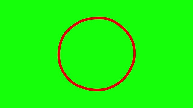 Red hand drawn circle animation on green screen, marker stroke circular highlight, hand-painted ring element for video editing and correction