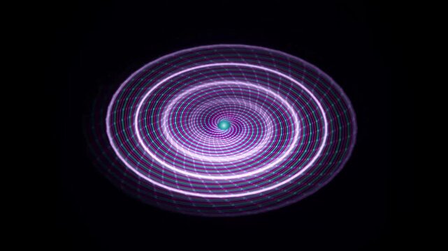 Futuristic glowing spiral energy vortex, purple neon light trails in circular motion, abstract digital portal with cosmic ultraviolet rays on black background