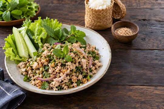 larb gai with toasted rice powder and mint for restaurant menu