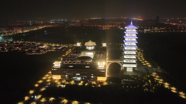 Aerial Night View of Illuminated Traditional Chinese Pagoda in Xi'an, China