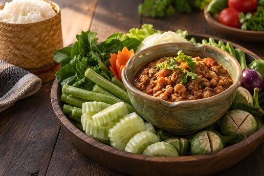 nam prik ong with a traditional vegetable platter for restaurant menu