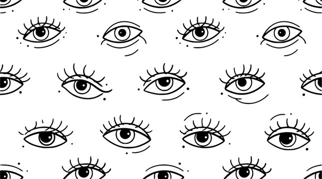 Black Line Eyes and Eyelashes Seamless Vector Pattern, Hand Drawn Minimalist Eye Ornament for Fashion, Textile, Wallpaper and Decorative Design