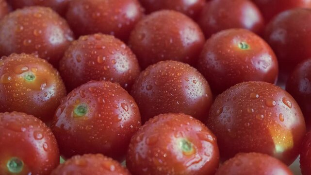 A smooth macro camera pan across a dense pattern of fresh ripe cherry tomatoes covered in glistening water droplets, revealing rich red textures and vibrant moisture