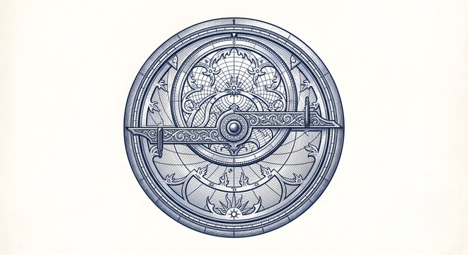 Deep navy monochrome engraving antique planispheric astrolabe on white background