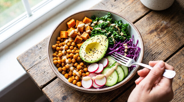 Healthy vegan buddha bowl with roasted chickpeas, sweet potatoes, avocado, and fresh vegetables