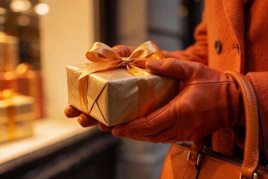 A close-up shot of gloved hands holding a wrapped gift box with a gold ribbon, near an orange handbag, suggesting Christmas shopping.