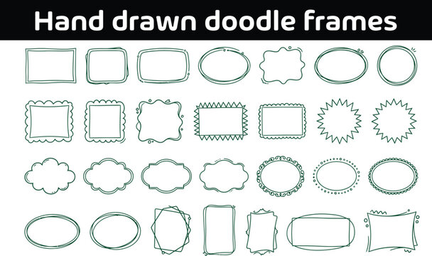 Hand drawn doodle frames, speech bubbles and borders for text. Doodle rectangular, round, star burst, scalloped, looped, wavy speech bubbles. Empty frames, callouts for text. Vector borders set