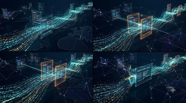 Abstract visualization of digital data networks featuring glowing blue particles flowing through dark space with geometric interface frames conveying information flow and connectivity.