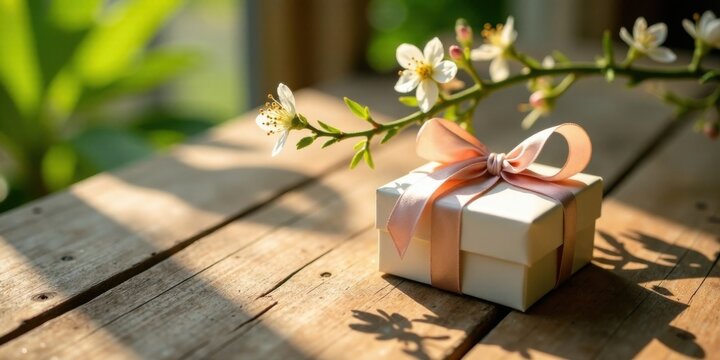 A delicately wrapped gift rests on weathered wood, bathed in sunlight, adorned with a blossoming branch, symbolizing springtime celebration and thoughtful remembrance.