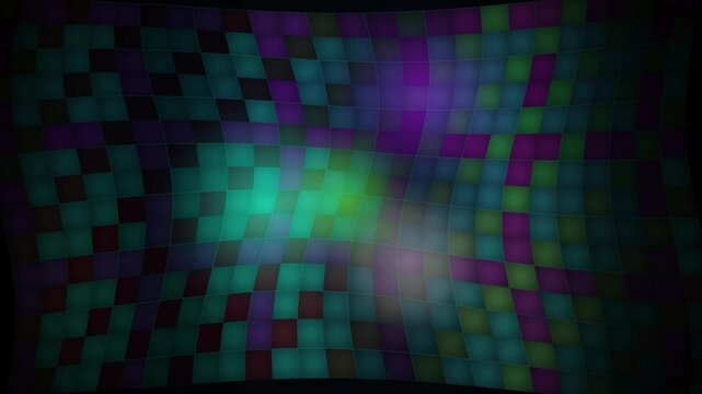 Retro disco floor background with glowing neon tiles. Abstract checkered light pattern in purple and green. Vibrant dance floor mosaic for music videos.