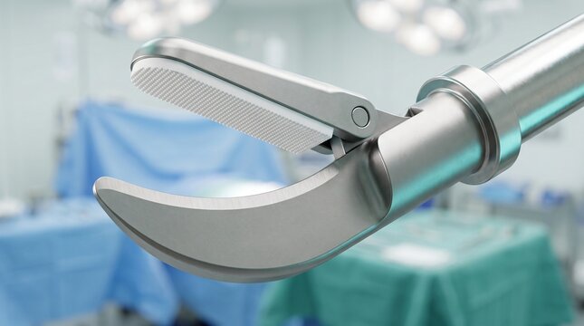 Macro photograph of laparoscopic ultrasonic scalpel shears tip featuring curved titanium active blade and micro textured tissue pad for minimally invasive surgical vessel sealing procedure
