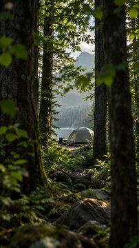 Camping tent pitched in a tranquil green pine forest near a serene lake with mountain views in the background