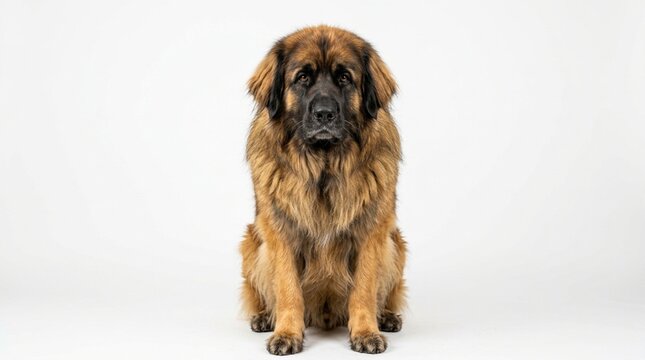 Leonberger Dog Sitting White Background Studio Portrait