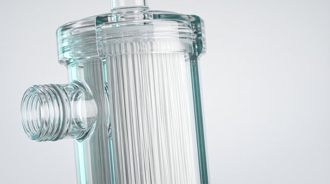 Studio cutaway photograph of biomedical hollow fiber dialyzer cartridge displaying thousands of semipermeable capillary membrane tubes inside transparent polycarbonate shell for hemodialysis