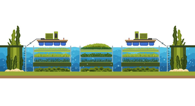 Sustainable Underwater Seaweed and Algae Farm Vector Illustration for Marine Aquaculture