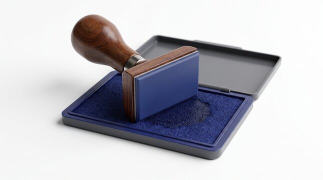Wooden handle rubber stamp being inked in a blue ink pad with a grey lid on a white background