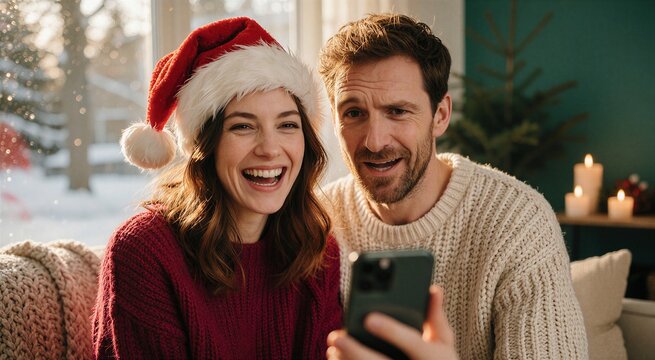 Joyful Christmas laughter shared between a woman in a Santa hat and a man indoors, capturing a warm holiday moment.