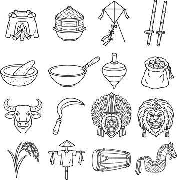 Indonesian Traditional Culture and Rural Elements Doodle Icon Set Vector Illustration