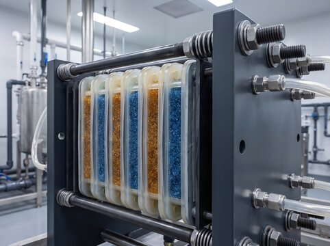 Industrial engineering photograph of continuous electrodeionization cdi edi stack module revealing alternating ion exchange resin compartments and graphite electrodes for ultrapure water production