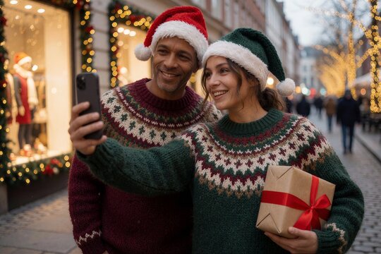 Couple sharing Christmas laughter while taking a selfie on a festive cobblestone street at night.