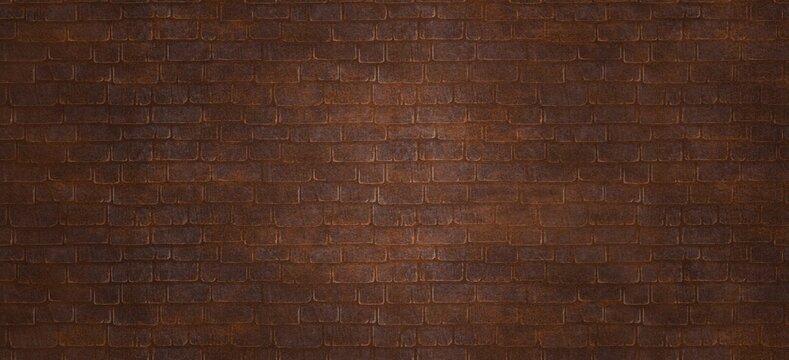 Rustic dark brown brick wall texture background. This weathered industrial brickwork features warm bronze, copper, and rust tones with a subtle central vignette spotlight effect