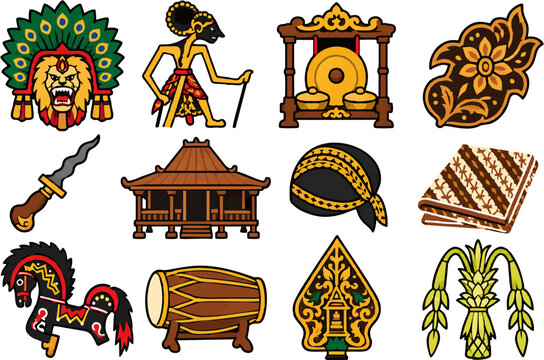 Indonesian Traditional Javanese Culture Icon Set Flat Vector Illustration