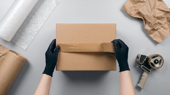 Female warehouse worker packing ecommerce shipping box for dispatch, preparing courier delivery parcel, hands securing package carefully, dropshipping fulfillment service concept
