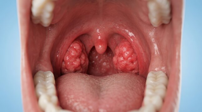 Medical view of inflamed tonsils in an open mouth showing intense swelling and redness.