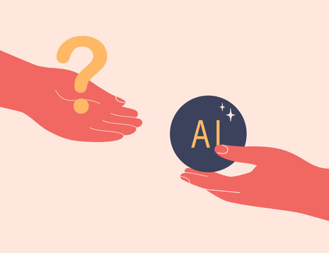 Question and AI answer concept. artificial intelligence Solving problem or business solution, FAQ, one hand holding question mark and other reply with AI. vector illustration