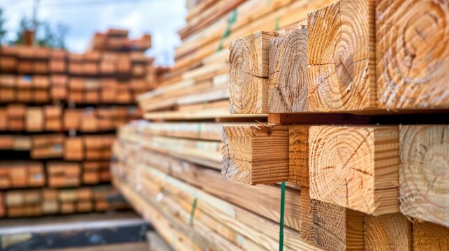Stacked Lumber Planks in a Yard Surrounded by Timber Wood for Construction and Home Improvement Projects