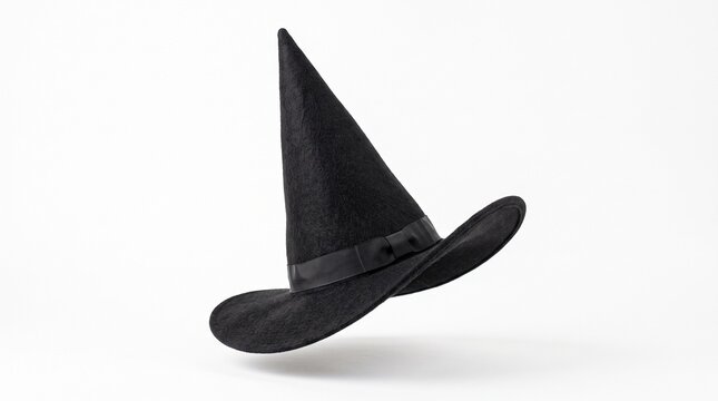 A classic black witch hat with a satin ribbon band and bow on a white background