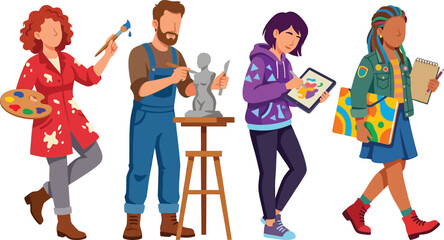 Obraz premium A diverse group of creative artists engaged in various artistic activities including painting sculpting and digital design.